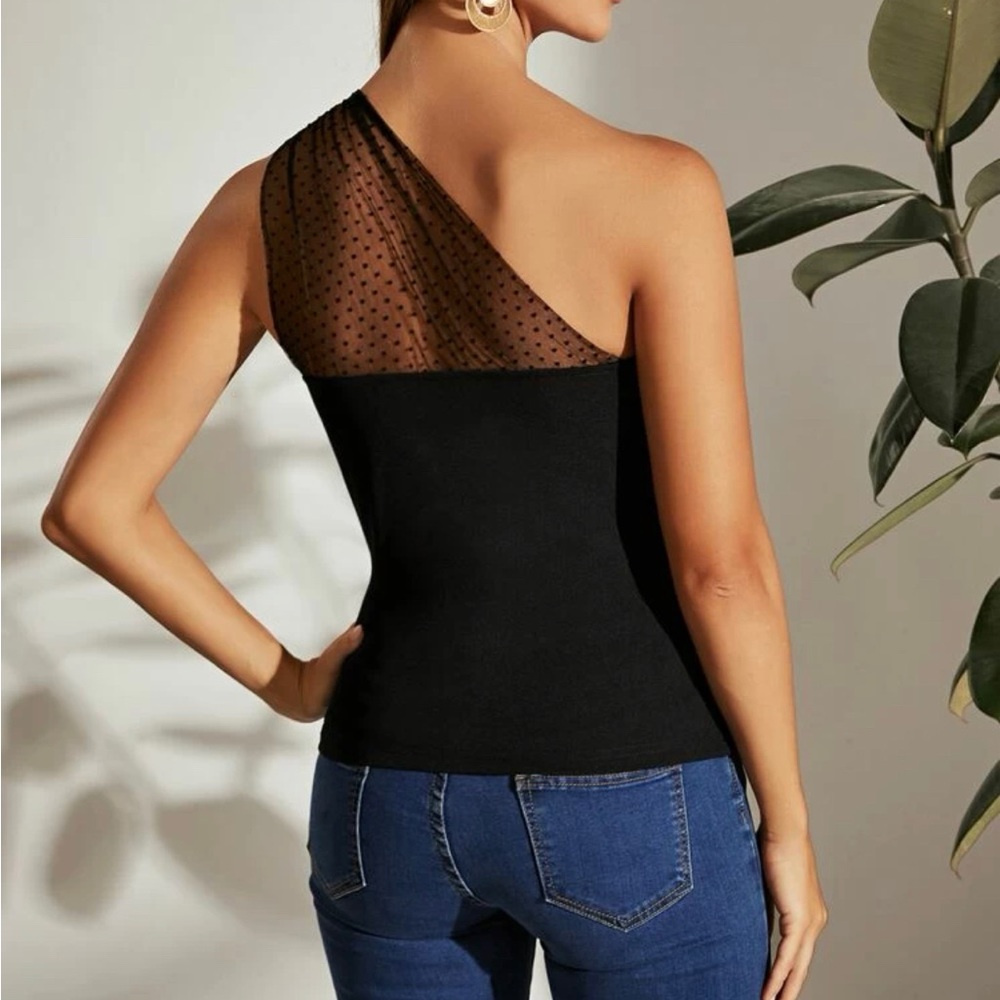 Polka dot mesh one shoulder blouse large - Picture 2 of 3